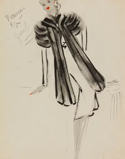 Черное пальто, отделанное полосами, на белом платье by М. П. Левен, 1938 — digital art print download