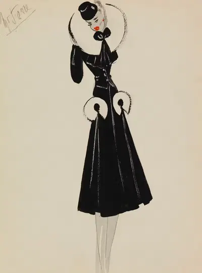 Черное пальто с воротником и карманами из белого меха by М. П. Левен, 1938 — digital art print download