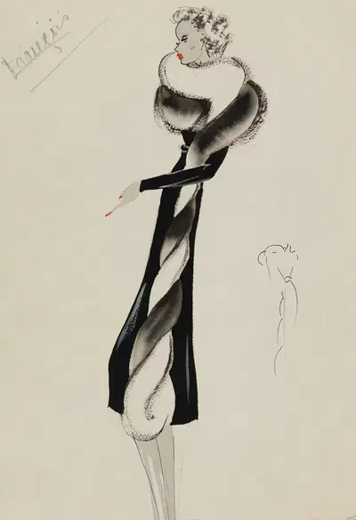 Черная редингот с черно-белой меховой отделкой по краю by М. П. Левен, 1938 — digital art print download
