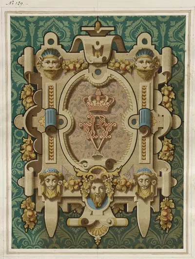 Cartouche néo-renaissance à cuirs et mascarons, monogramme VR surmonté d'une couronne royale by Laurent Gsell — digital art…