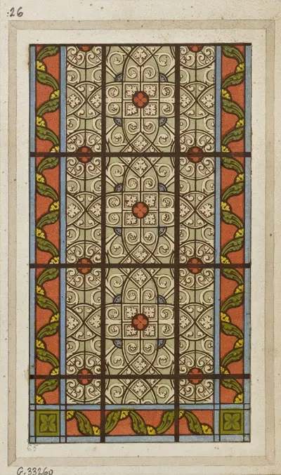 Détail de vitrail (partie inférieure de fenêtre) entrelacs sur fond gris, entourage à fond rouge, feuilles vertes et r by…