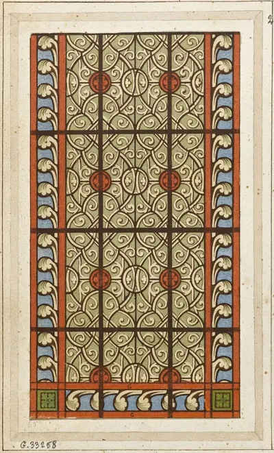Détail de vitrail (partie inférieure de fenêtre) fond gris à entrelacs, ronds rouges, entourage à fond bleu by Laurent…