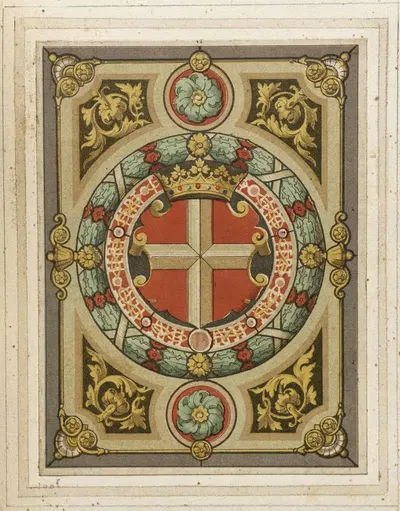 Détail de vitrail à motifs héraldiques écusson à croix blanche sur fond rouge, couronne ducale by Laurent Gsell — digital…