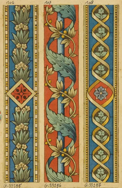 Frise décorative feuillages et fleurs sur fond bleu, losange rouge by Laurent Gsell — digital art print download