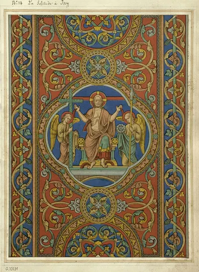 Motifs de vitraux (La Solitude à Issy) Christ entouré d'anges portant les instruments de la passion dans un quadrilobe by…