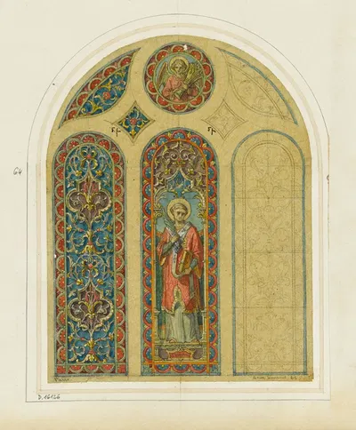 Projet de vitrail pour Combs-la-Ville (fenêtre à trois travées) saint Vincent et ornements by Laurent Gsell, 1868 — digital…