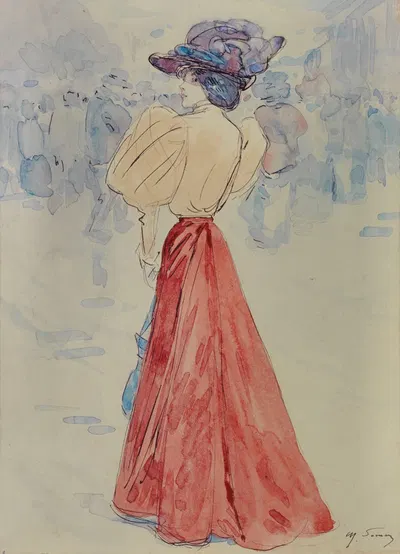 Элегантная в красной юбке by Анри Сомм, 1890-1900 — digital art print download