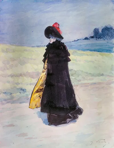 Элегантная в черном плаще на пейзаже by Анри Сомм, 1890-1900 — digital art print download
