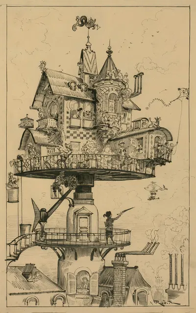 Aerial house by Albert Robida, 1883 — digital art print download