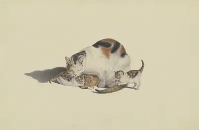 White cat, black and reddish brown spotted, with her three kittens playing with a mouse by Готфрид Минд — digital art print…