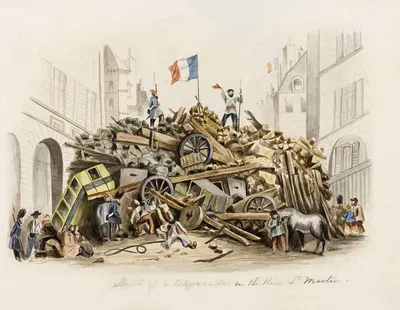 Barricade dans la rue Saint-Martin le 25 février 1848, 3ème et 4ème arrondissements by James Duffield Harding, 1848 —…