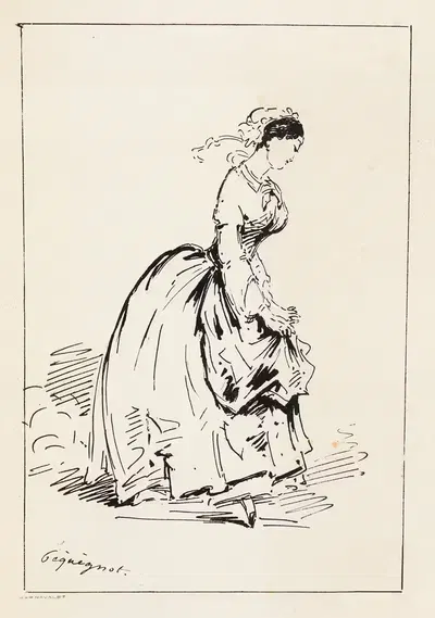 Женщина в профиль, идущая вправо, поднимающая свой фартук by Огюст Пекенё, 1850 — digital art print download