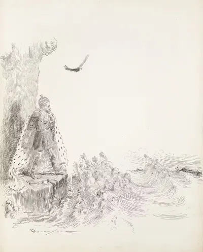 Мужчина в мантии с военными медалями стоит на краю воды by Гомер Дэвенпорт — digital art print download