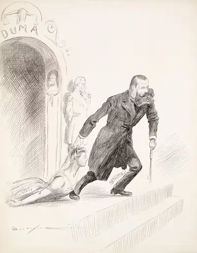 Петр Столыпин, российский политик, тащит женщину, представляющую Свободу, за волосы из здания by Гомер Дэвенпорт — digital…