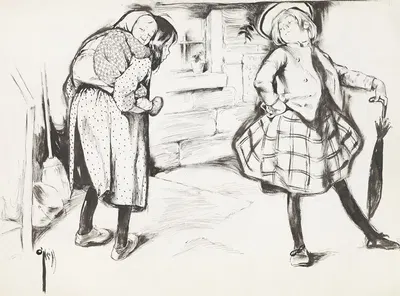 A wealthy girl turns up her nose at a poor girl, who is carrying a baby on her back. by Rose Cecil O'Neill, 1902 — digital…