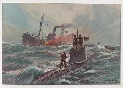 Deutsches U-Boot, einen bewaffneten englischen fischdampfer vernichtend by Willy Stöwer, 1916 — digital art print download