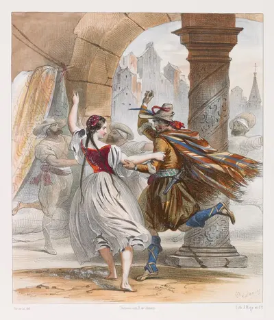 M'elle Adèle Dumilâtre et M'r Corali dans le 2eme acte de La Gipsy, ballet by Achille Devéria, 1845 — digital art print…