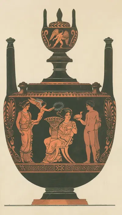 Apulian lebes gamikos showing a seated bride holding a vase, attended by a youth with a dove and a woman supporting Eros,…
