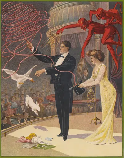 Маг с дьяволами, помощником, гусем и кроликом by Джордан Шоу Принт Ко., 1900 — digital art print download