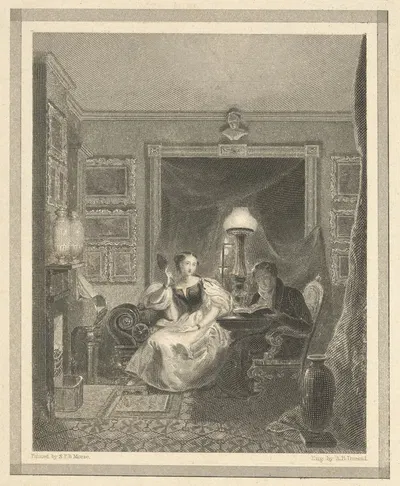Interior view with husband reading to wife by Asher Brown Durand, 1831 — digital art print download