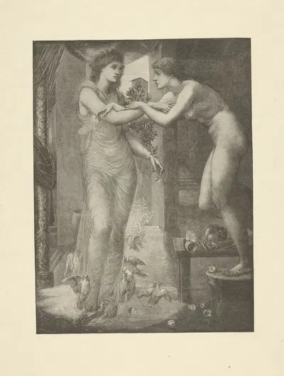 Nude woman stands on stool, arms locked with woman beside her clothed in sheer dress, doves at her feet by Francis Scott…