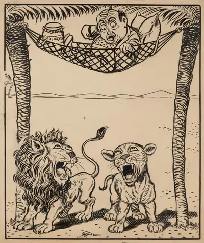 Nine comic strip frames of man dropping molasses and feathers on lions beneath his hammock Pl.2 by Franklin Morris Howarth…