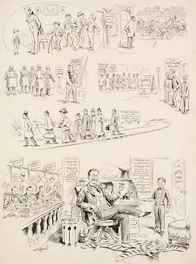 Scenes of the failure of a livery stable, saloon, and American tailors, and of the success of Hustler's Magazine. by…