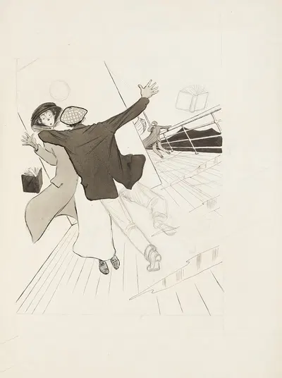 A man and a woman on a ship's deck run into each other, both dropping a book, as the deck tilts. by Harold Imbrie — digital…