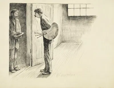 A man carrying paintbrushes and a palette answers the door to a man with his hat in his hands. by Harold Imbrie — digital…