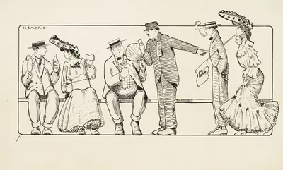 A sporting event. A stout man is ordered to leave a bench by the usher to make room for a young couple carrying a Princeton…