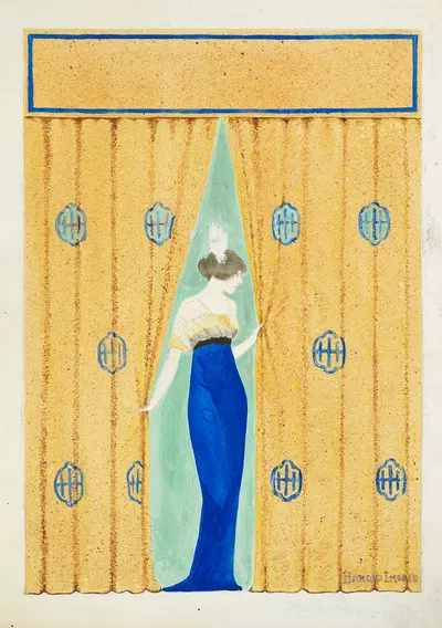 A woman in a fancy dress comes through curtains. by Harold Imbrie — digital art print download