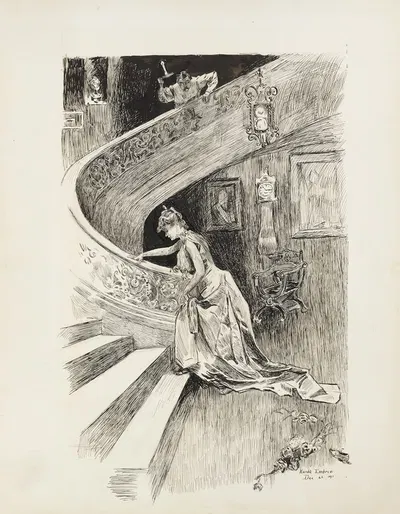 A woman in a gown begins to climb a staircase in a dark room by Harold Imbrie, 1893 — digital art print download