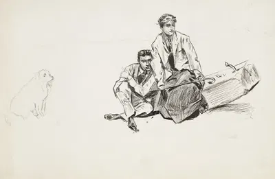 A young man and woman slide off a log they were sitting on as one end of the log rises up. A dog watches them. by Harold…