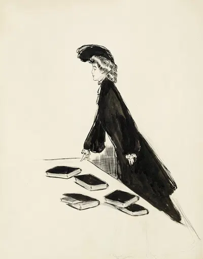 A young woman in fancy clothes stands at a table holding several books, looking away from them. by Harold Imbrie — digital…