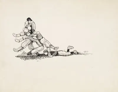 Princeton football. Four players on the opposing team hold onto a Princeton player by Harold Imbrie — digital art print…
