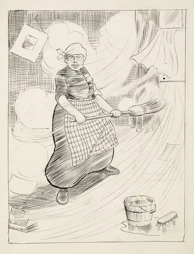 Theodore Roosevelt depicted as an older woman tries to sweep as a big gust of wind comes in through the window by Harold…