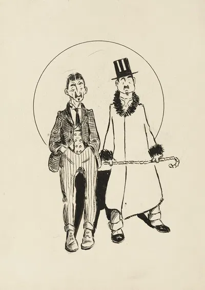 Two men, one in a three piece suit with striped pants, the other with a coat that has fur on the cuffs and collar, a top…