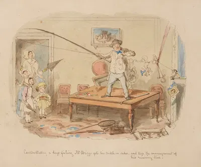 Contemplating a day's fishing, Mr. Briggs gets his tackle in order, and trys the management of his running line. by John…