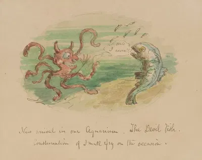 New arrival in our aquarium. The devil fish. Consternation of small fry on the occasion. by John Leech — digital art print…