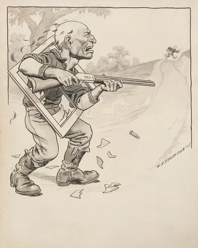 And spittin' out putty an' screeches an' glass, he starts a-shottin' from where he lights by Rodney Thomson, 1909 — digital…