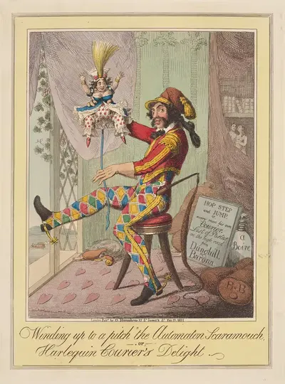 Winding up to a pitch, the automaton Scaramouch, – or, – Harlequin courier's delight. by Theodore Lane, 1821 — digital art…