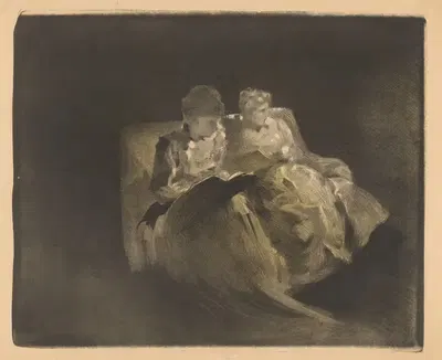 Две женщины читают на скамейке by Анри-Патрис Дильон — digital art print download