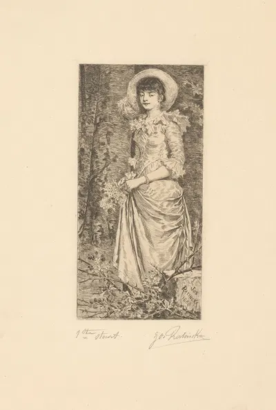 Молодая женщина в лесу с цветами в руках by Хос Ратинкс, 1888 — digital art print download