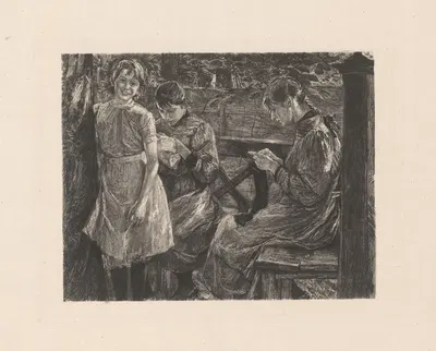 Smiling girl standing in front of two embroidering young women by Peter von Halm — digital art print download