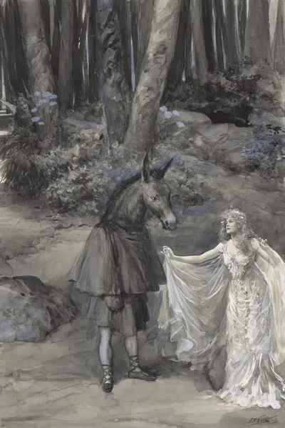 Сон в летнюю ночь в театре Адельфи, акт III, сцена 1, 'Умоляю тебя, нежный смертный, пой снова!' by А.М. Фолкнер, 1900-1904…