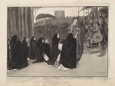 'Коріолан' в Лицей, сцена из акта III, Вольумния — 'Садитесь, дамы; давайте постыдим его на коленях...' by Балиол Салмон,…