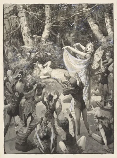 Сон в летнюю ночь, II, 2, Элизабета Паркина (поющая фея) поет в лесу by Чарльз Миллс Шелдон, 1905 — digital art print…