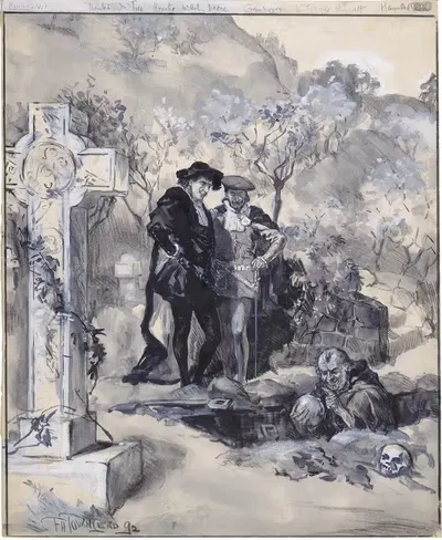 Гамлет, V, 1 Гамлет, мистер Три; Гораций, мистер Артур Дейкер; могильщик, мистер Джордж Барретт by Фредерик Генри Таунсенд,…
