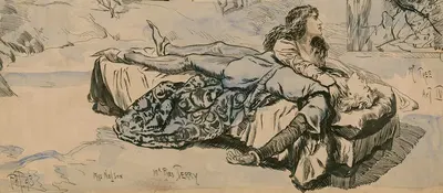 Ромео и Джульетта, сцена у могилы; Мисс Нилсон в роли Джульетты, мистер Фред Три в роли Ромео by Фредерик Генри Таунсенд,…