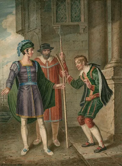 Comedy of errors, IV, 1, Antipholus of Ephesus, an officer and Dromio of Ephesus by J. Coghlan, 1816 — digital art print…